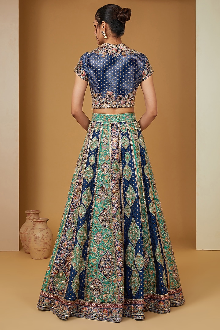 Blue Brocade Patchwork Bridal Lehenga Set by Petticoat Lane at Pernia's Pop Up Shop