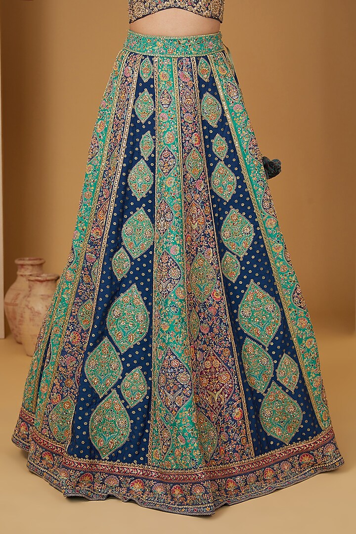 Blue Brocade Patchwork Bridal Lehenga Set by Petticoat Lane at Pernia's Pop Up Shop
