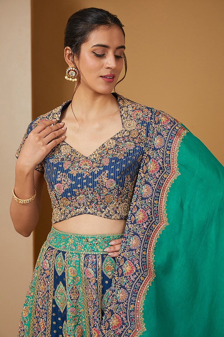 Blue Brocade Patchwork Bridal Lehenga Set by Petticoat Lane at Pernia's Pop Up Shop