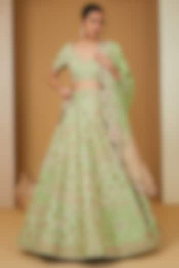 Green Dupion Dori Embroidered Shimmer Bridal Lehenga Set by Petticoat Lane at Pernia's Pop Up Shop