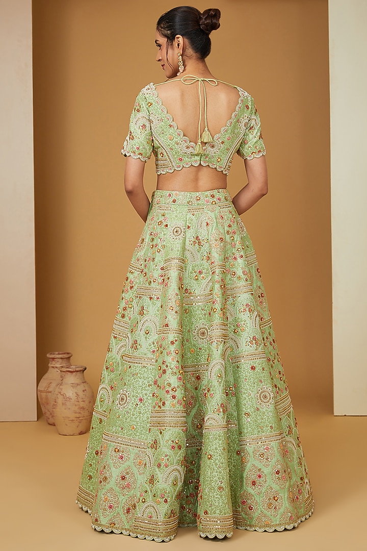 Green Dupion Dori Embroidered Shimmer Bridal Lehenga Set by Petticoat Lane at Pernia's Pop Up Shop