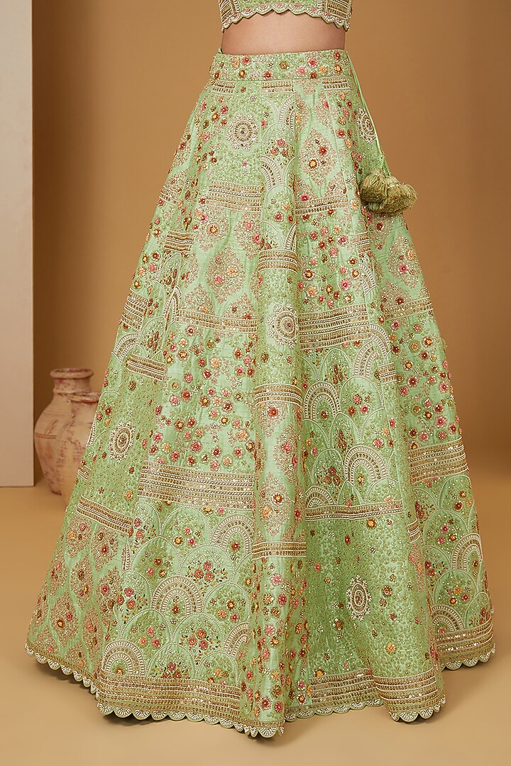 Green Dupion Dori Embroidered Shimmer Bridal Lehenga Set by Petticoat Lane at Pernia's Pop Up Shop