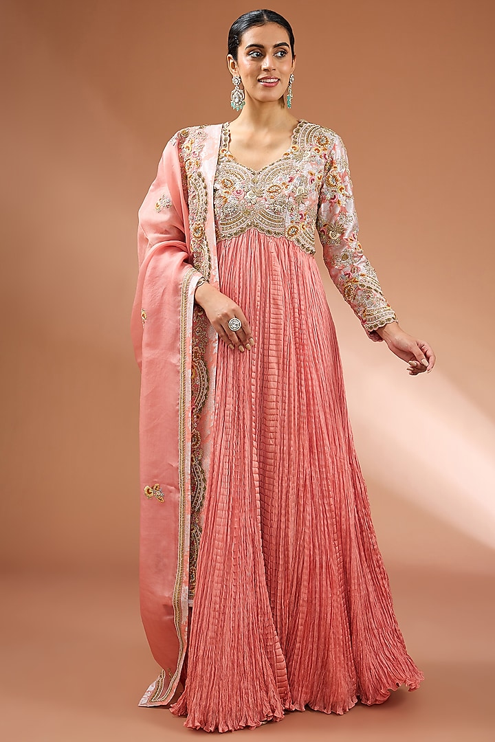 Pink Shimmer Brocade Crushed Kalidar Anarkali Set by Petticoat Lane at Pernia's Pop Up Shop