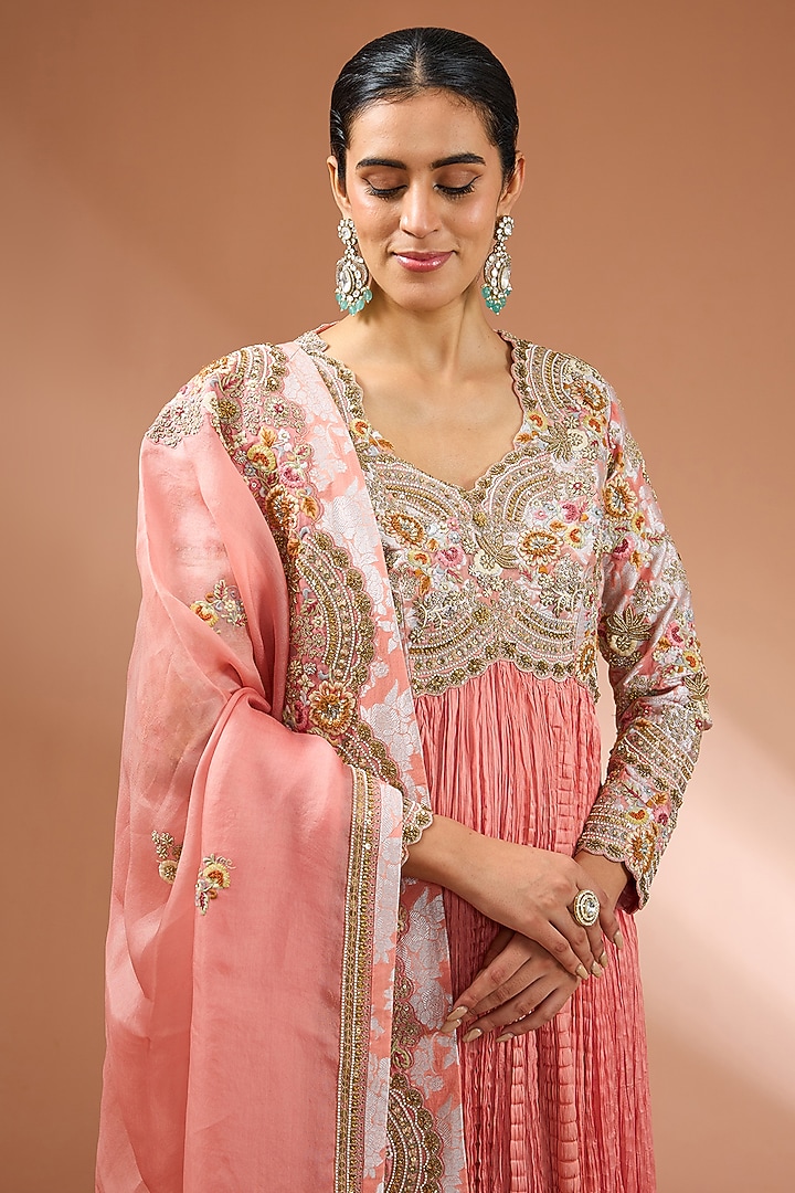 Pink Shimmer Brocade Crushed Kalidar Bridal Anarkali Set by Petticoat Lane at Pernia's Pop Up Shop