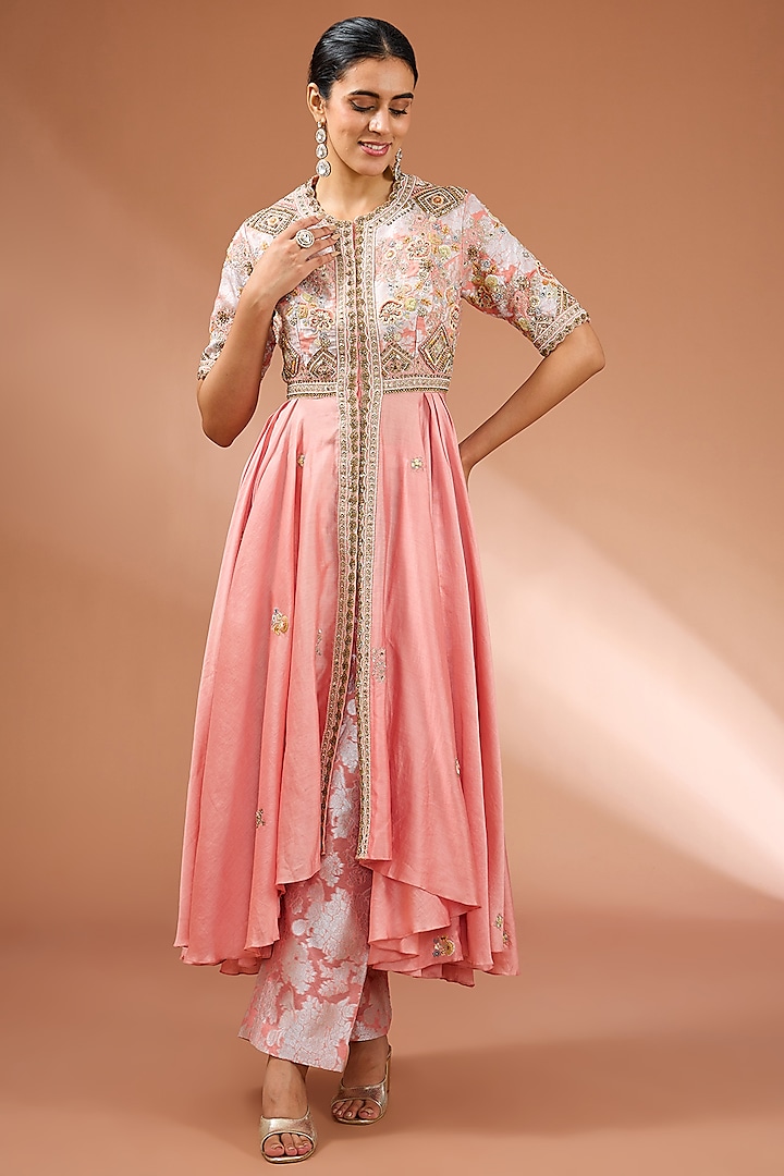 Pink Shimmer Brocade Asymmetrical Kalidar Kurta Set by Petticoat Lane at Pernia's Pop Up Shop