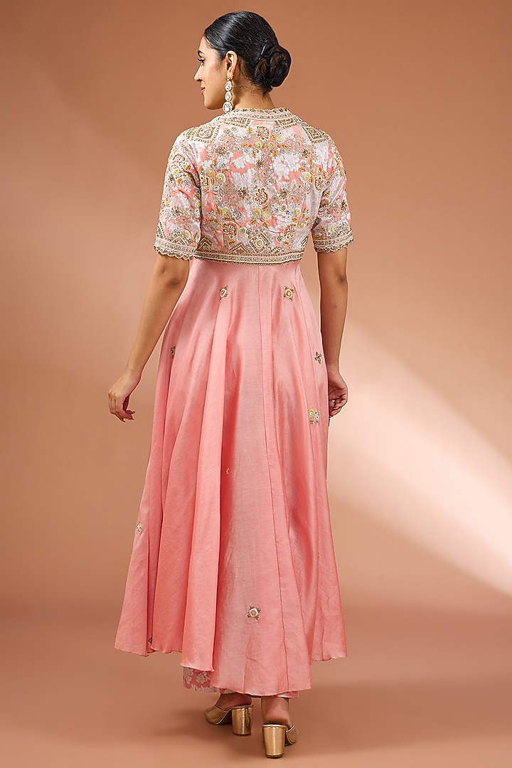 Pink Shimmer Brocade Asymmetrical Kalidar Kurta Set by Petticoat Lane at Pernia's Pop Up Shop