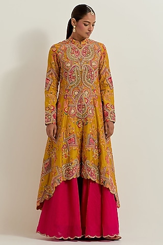 Mustard Organza Embroidered Sharara Set by Petticoat Lane