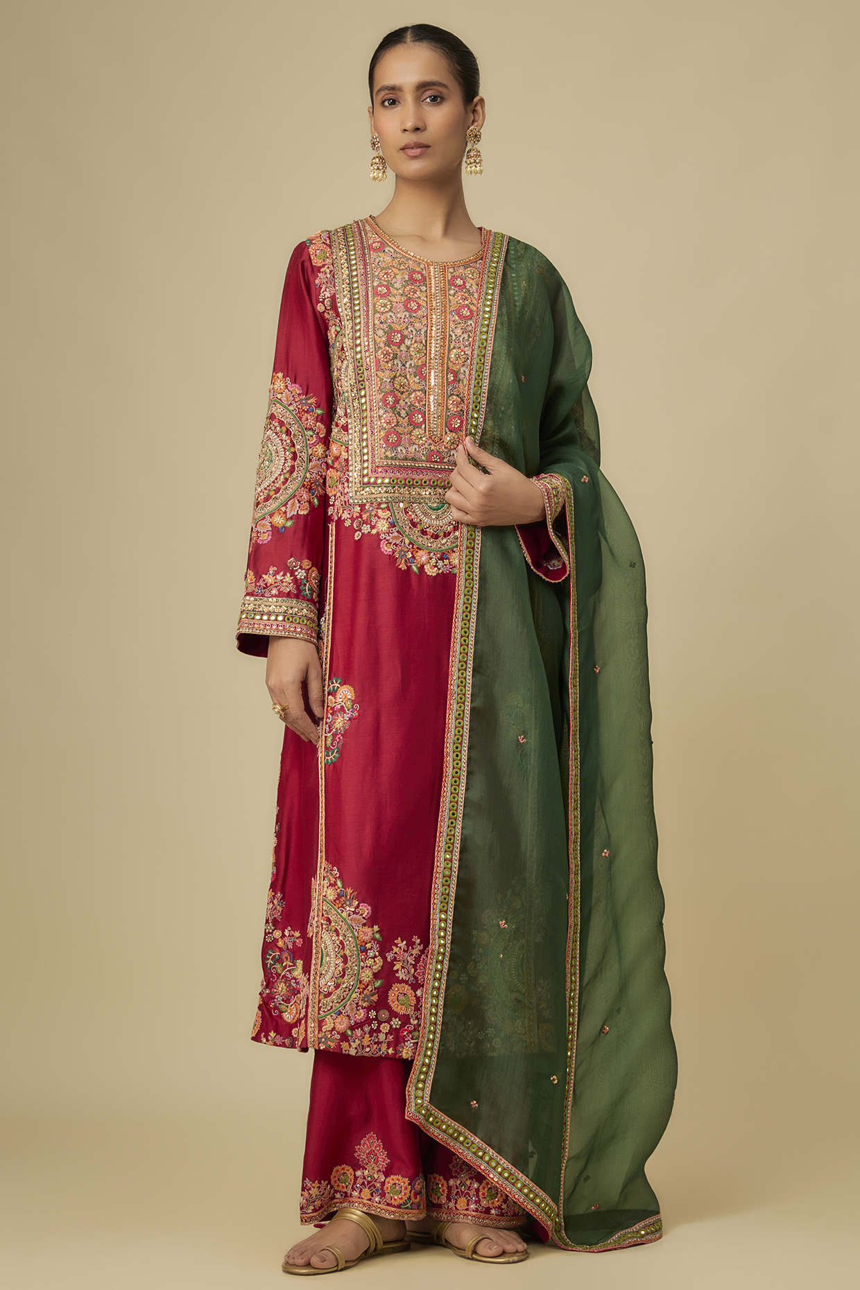 Deep Red Chanderi Patchwork A-Line Kurta Set by Petticoat Lane at Pernia's Pop Up Shop