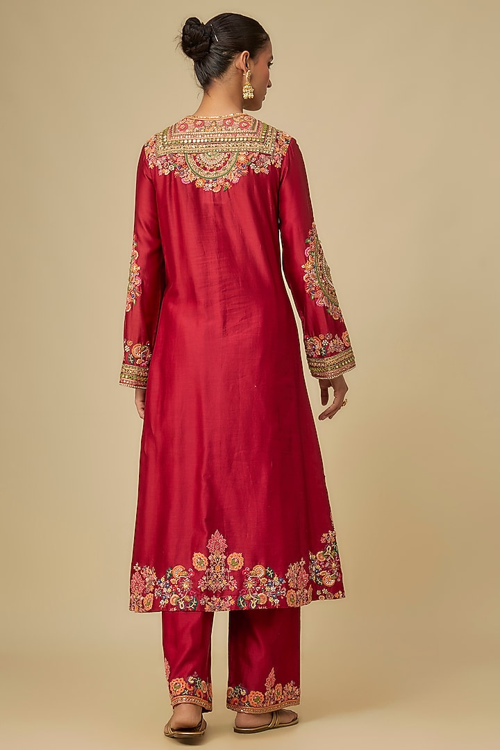 Deep Red Chanderi Patchwork A-Line Kurta Set by Petticoat Lane at Pernia's Pop Up Shop