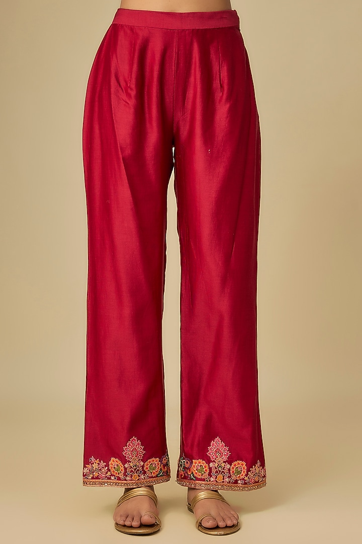 Deep Red Chanderi Patchwork A-Line Kurta Set by Petticoat Lane at Pernia's Pop Up Shop