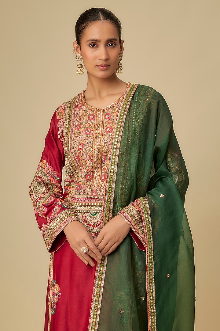 Deep Red Chanderi Patchwork A-Line Kurta Set by Petticoat Lane at Pernia's Pop Up Shop
