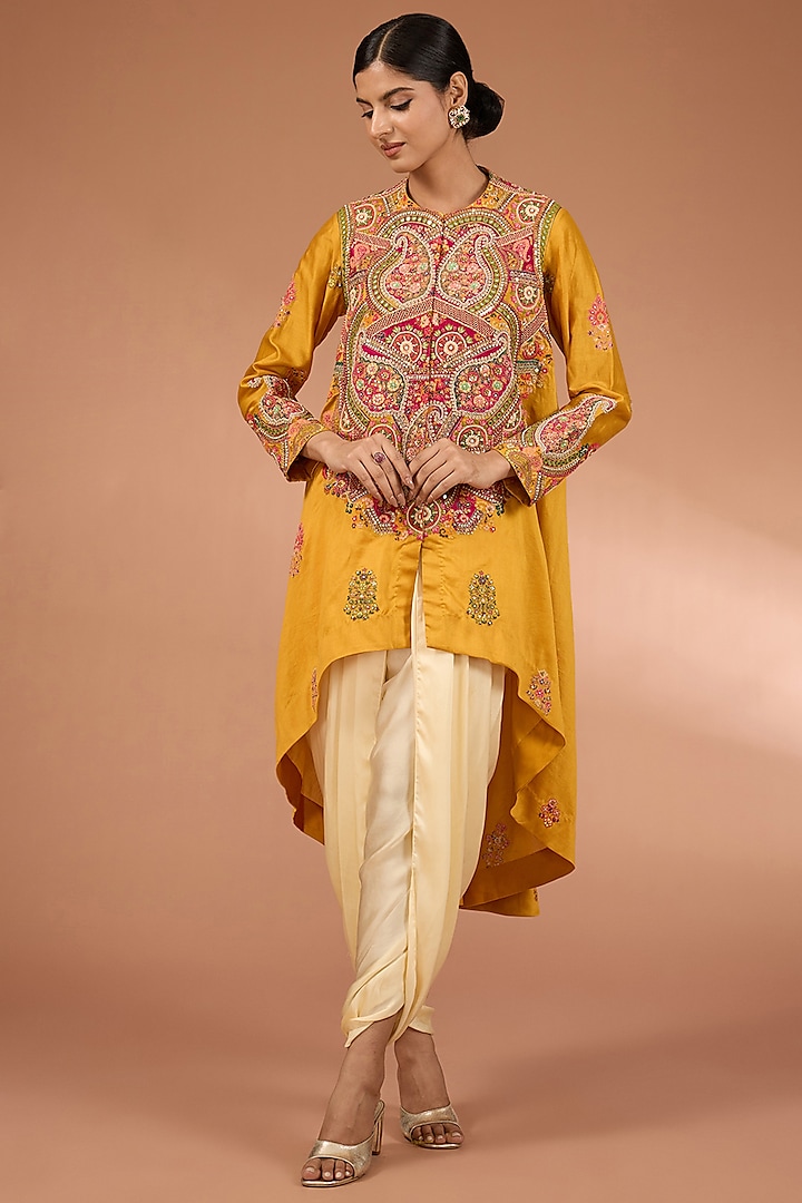 Yellow Chanderi Patchwork Jacket Set by Petticoat Lane at Pernia's Pop Up Shop