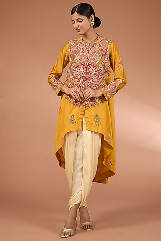 Yellow Chanderi Patchwork Jacket Set by Petticoat Lane