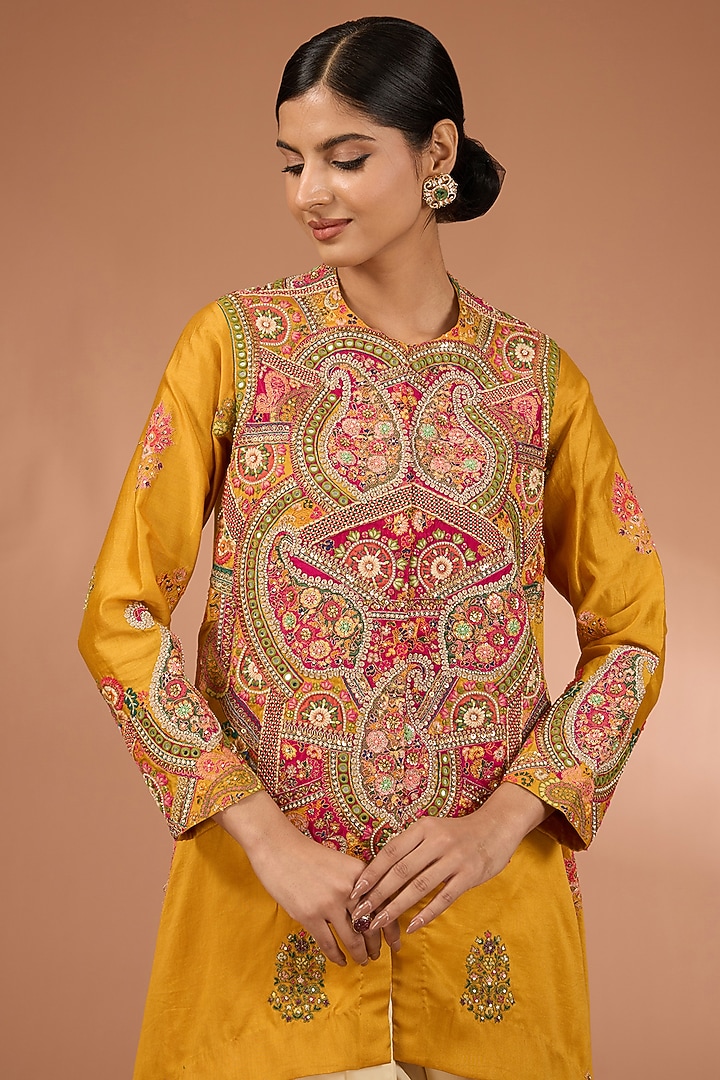 Yellow Chanderi Patchwork Jacket Set by Petticoat Lane at Pernia's Pop Up Shop