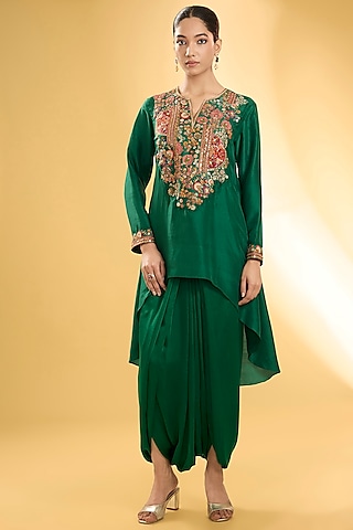 Emerald Green Dupion Silk Patchwork Asymmetric Kurta Set by Petticoat Lane