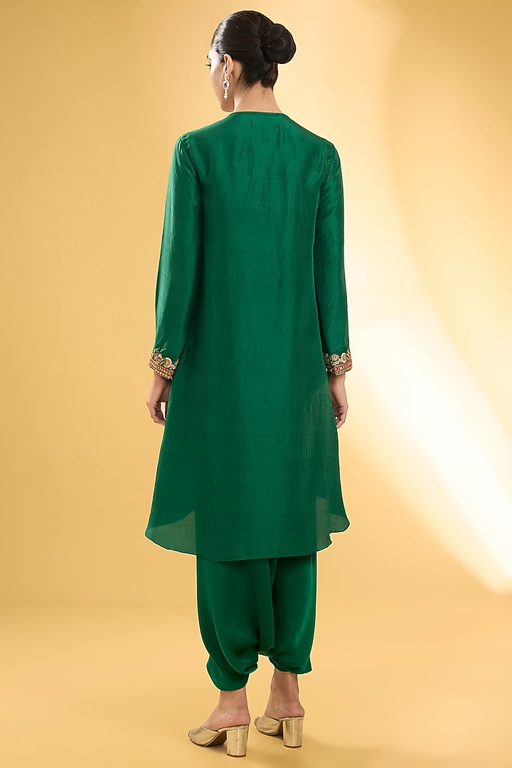 Emerald Green Dupion Silk Patchwork Asymmetric Kurta Set by Petticoat Lane at Pernia's Pop Up Shop