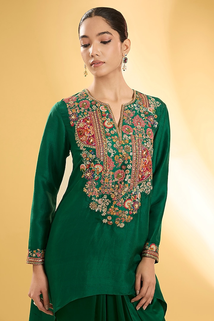 Emerald Green Dupion Silk Patchwork Asymmetric Kurta Set by Petticoat Lane at Pernia's Pop Up Shop