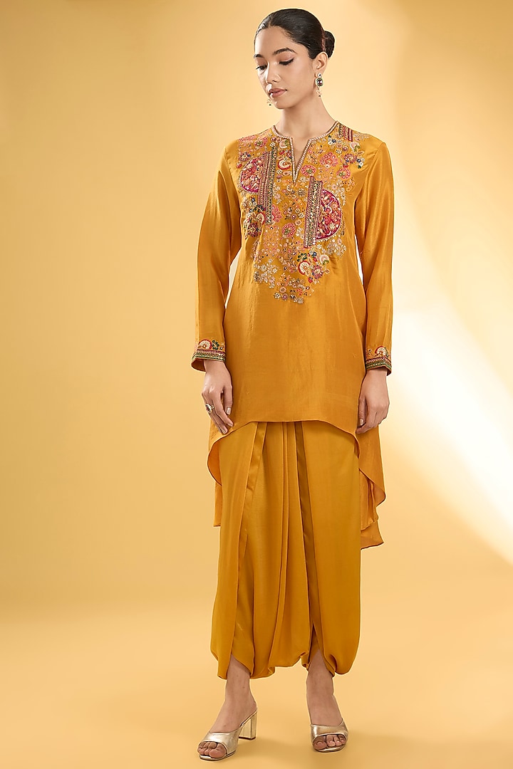 Mustard Dupion Silk Patchwork Asymmetric Kurta Set by Petticoat Lane at Pernia's Pop Up Shop