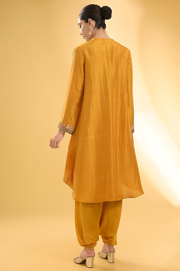 Mustard Dupion Silk Patchwork Asymmetric Kurta Set by Petticoat Lane at Pernia's Pop Up Shop