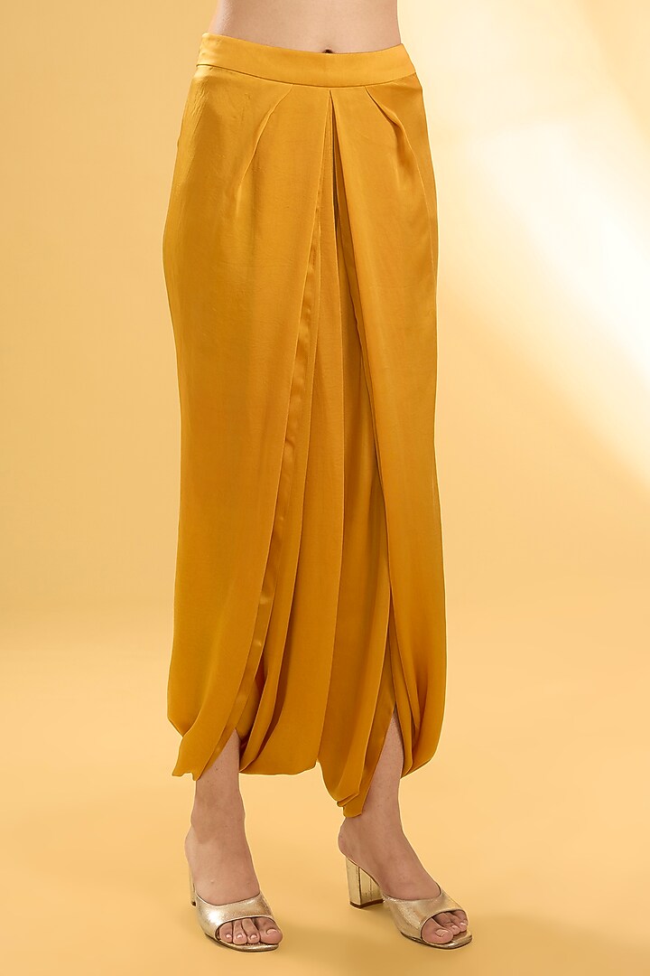 Mustard Dupion Silk Patchwork Asymmetric Kurta Set by Petticoat Lane at Pernia's Pop Up Shop