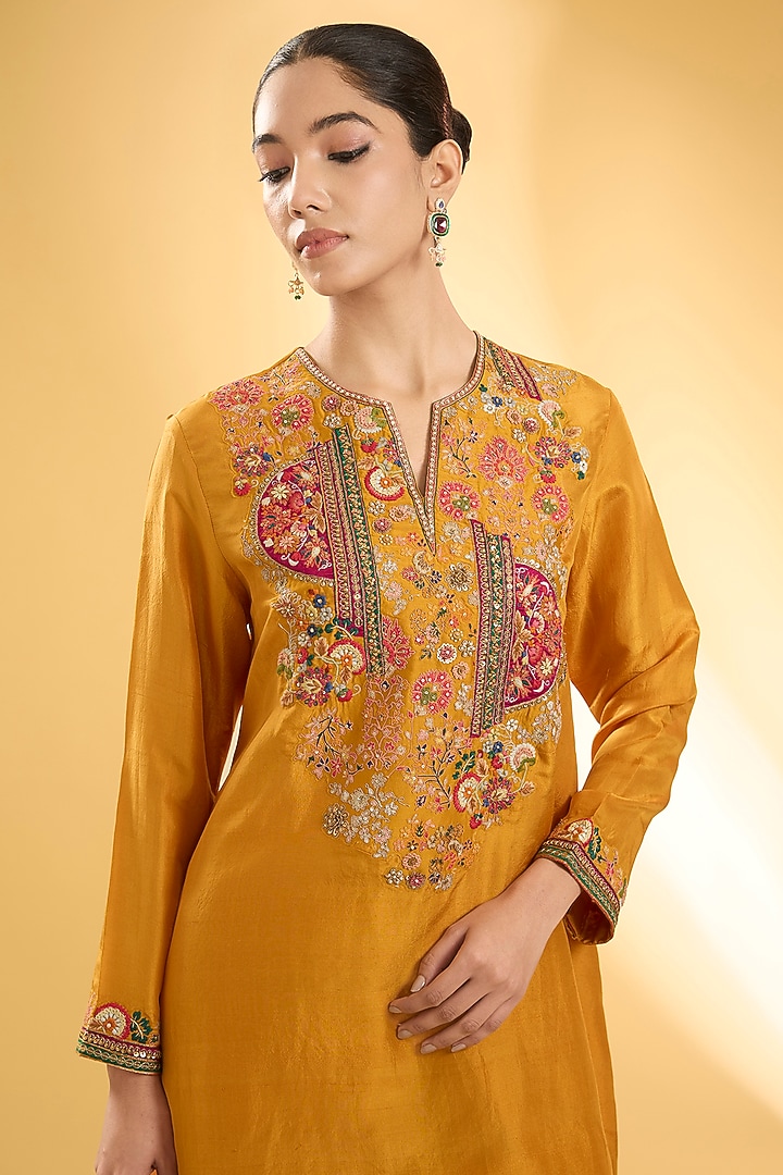 Mustard Dupion Silk Patchwork Asymmetric Kurta Set by Petticoat Lane at Pernia's Pop Up Shop