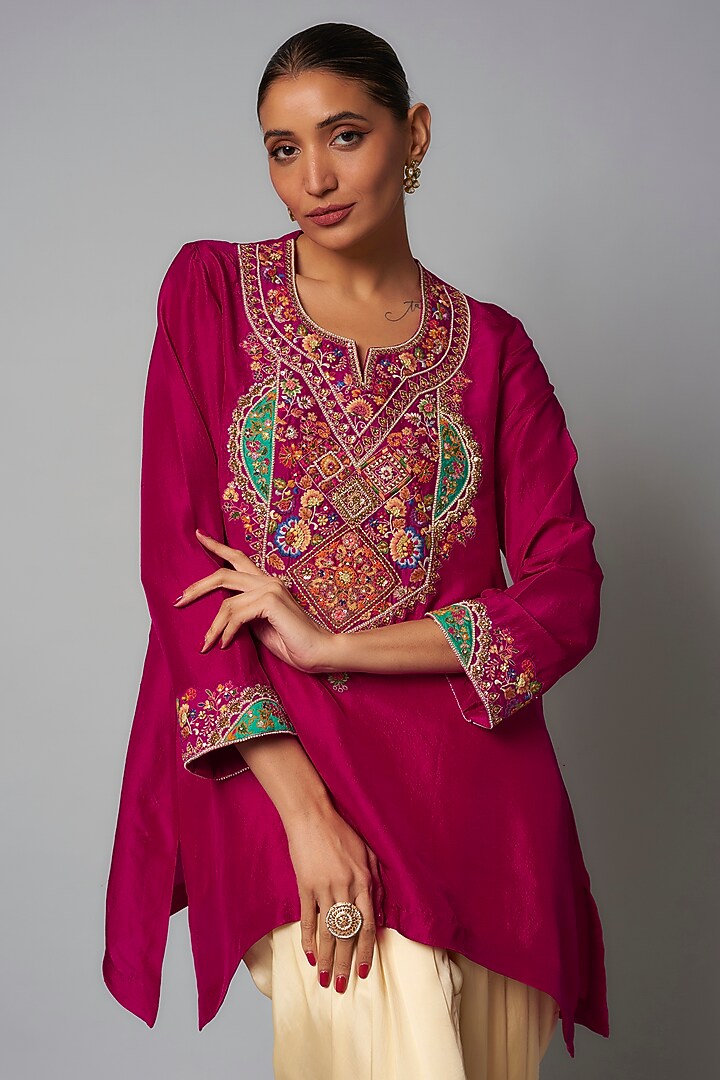Pink Dupion Silk & Chanderi Geometric Patchwork Kurta Set by Petticoat Lane at Pernia's Pop Up Shop