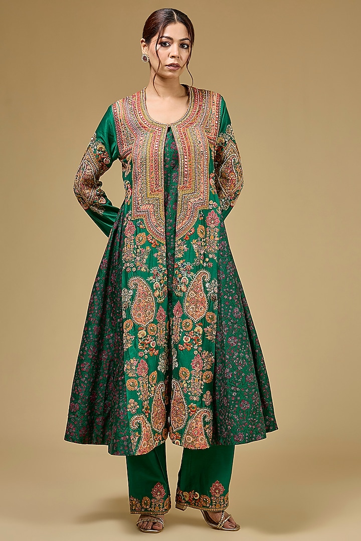 Emerald Green Chanderi Hand & Machine Embroidered Jacket Set by Petticoat Lane at Pernia's Pop Up Shop