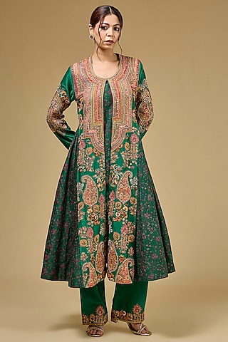 Emerald Green Chanderi Hand & Machine Embroidered Jacket Set by Petticoat Lane