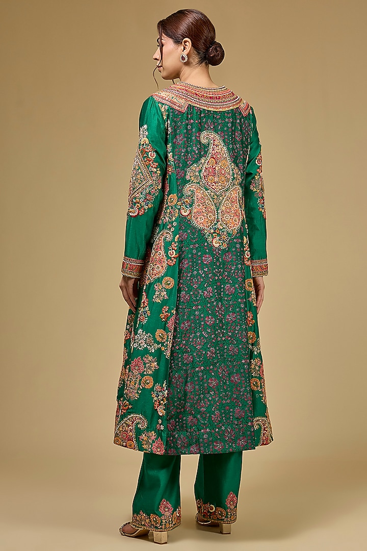 Emerald Green Chanderi Hand & Machine Embroidered Jacket Set by Petticoat Lane at Pernia's Pop Up Shop