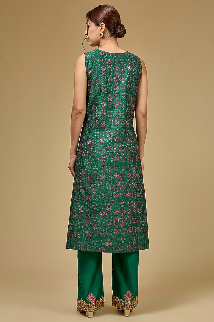 Emerald Green Chanderi Hand & Machine Embroidered Jacket Set by Petticoat Lane at Pernia's Pop Up Shop