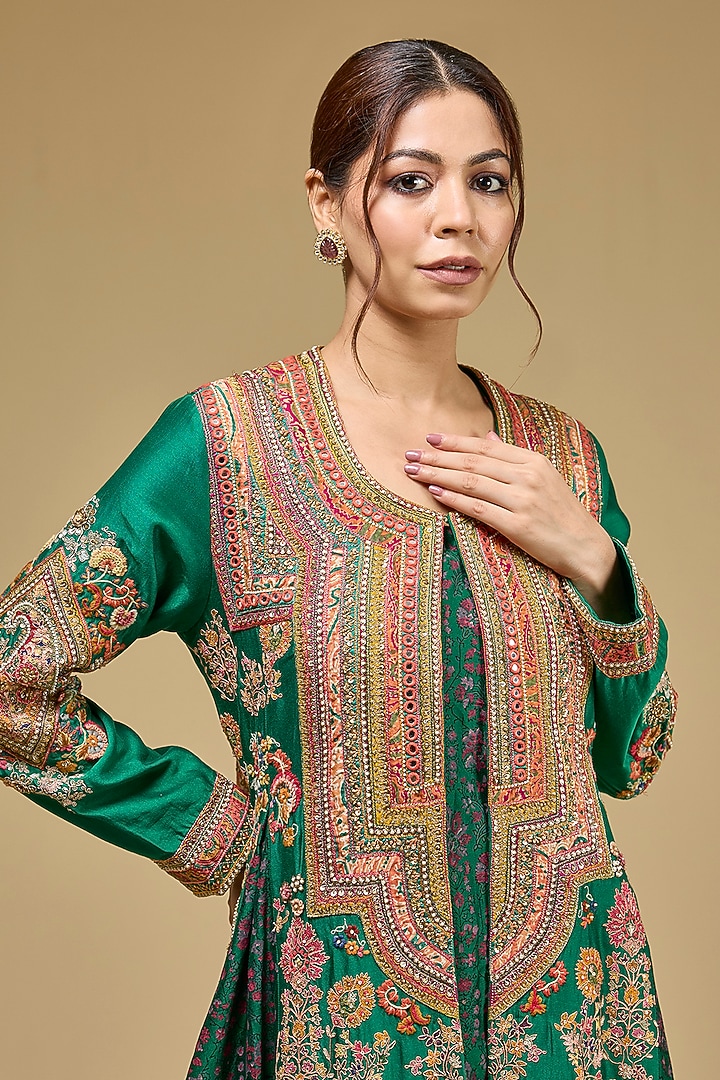 Emerald Green Chanderi Hand & Machine Embroidered Jacket Set by Petticoat Lane at Pernia's Pop Up Shop