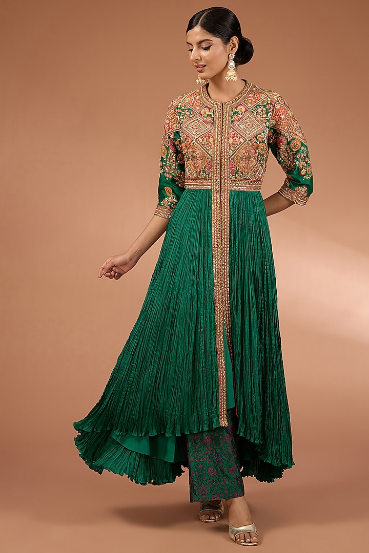 Green Chanderi & Dupion Geometric Patchwork Kalidar Anarkali Set by Petticoat Lane at Pernia's Pop Up Shop