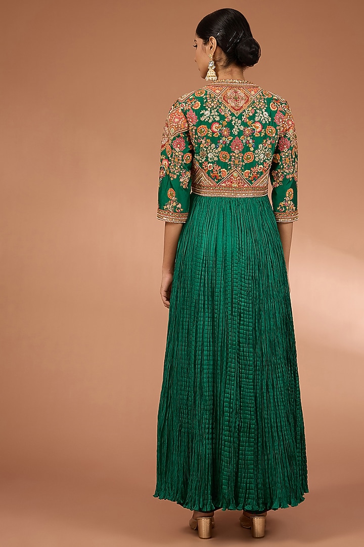 Green Chanderi & Dupion Geometric Patchwork Kalidar Bridal Anarkali Set by Petticoat Lane at Pernia's Pop Up Shop