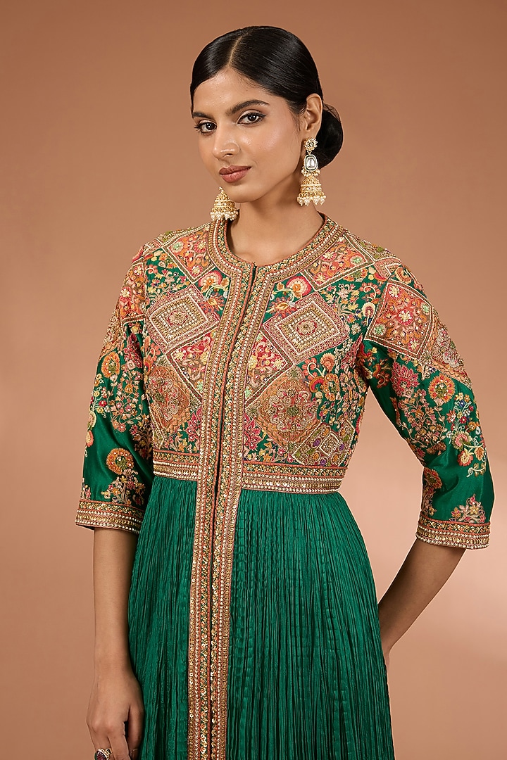 Green Chanderi & Dupion Geometric Patchwork Kalidar Bridal Anarkali Set by Petticoat Lane at Pernia's Pop Up Shop