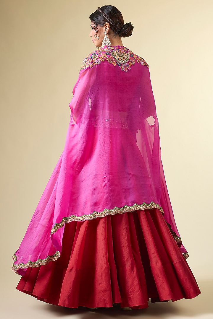 Red & Fuchsia Organza Jacket Wedding Lehenga Set by Petticoat Lane at Pernia's Pop Up Shop