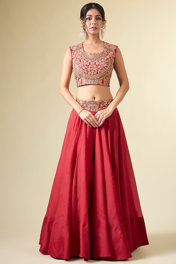 Red & Fuchsia Organza Jacket Wedding Lehenga Set by Petticoat Lane at Pernia's Pop Up Shop