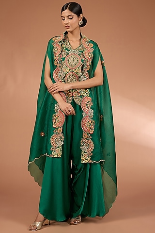 Green Organza Patchwork Cape Set by Petticoat Lane