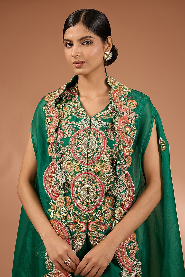 Green Organza Patchwork Cape Set by Petticoat Lane at Pernia's Pop Up Shop
