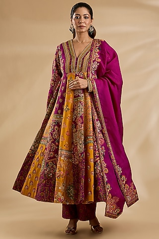 Rani Pink & Mustard Chanderi Printed Kalidar Anarkali Set by Petticoat Lane