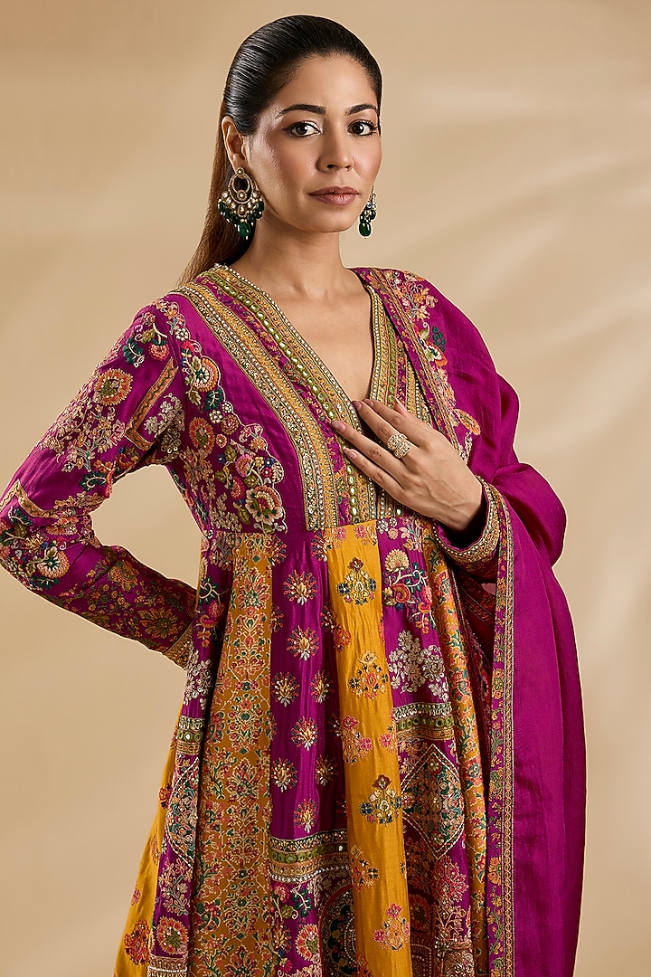 Rani Pink & Mustard Chanderi Printed Kalidar Bridal Anarkali Set by Petticoat Lane at Pernia's Pop Up Shop