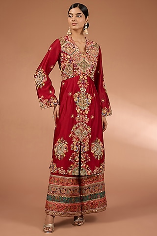 Red Chanderi Geometric Patchwork Jacket Set by Petticoat Lane