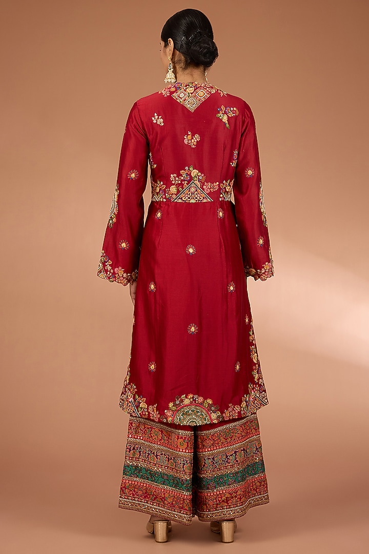 Red Chanderi Geometric Patchwork Jacket Set by Petticoat Lane at Pernia's Pop Up Shop