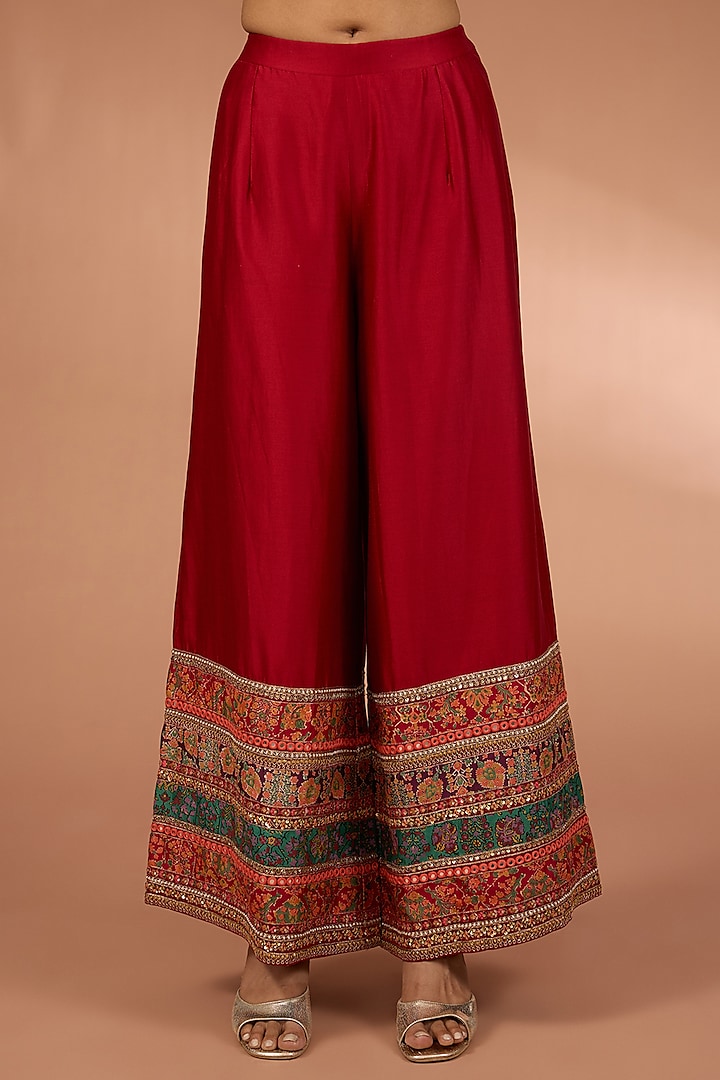 Red Chanderi Geometric Patchwork Jacket Set by Petticoat Lane at Pernia's Pop Up Shop
