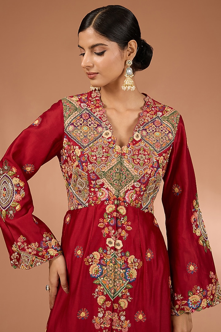 Red Chanderi Geometric Patchwork Jacket Set by Petticoat Lane at Pernia's Pop Up Shop