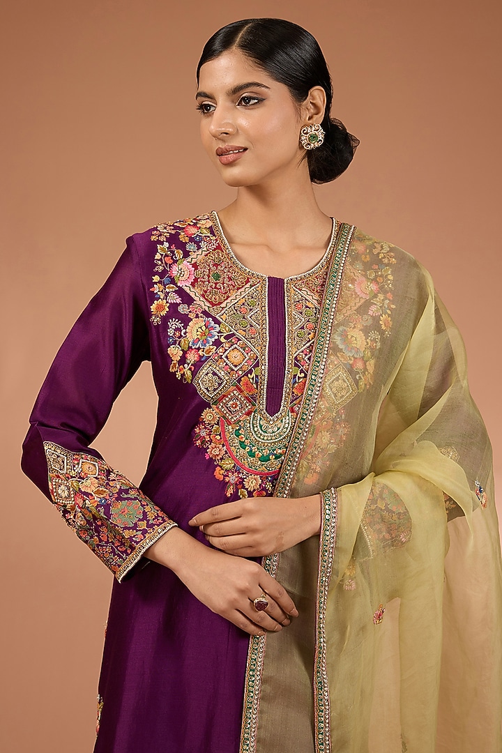 Purple Chanderi Geometric Patchwork Kurta Set by Petticoat Lane at Pernia's Pop Up Shop
