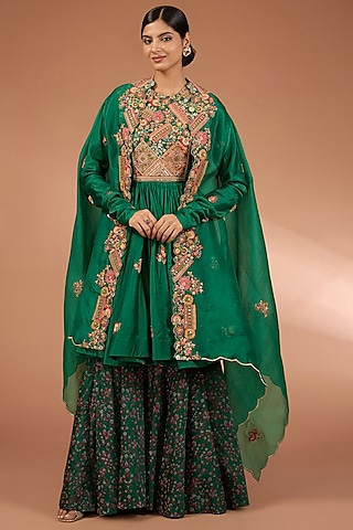 Green Organza Patchwork Cape Set by Petticoat Lane