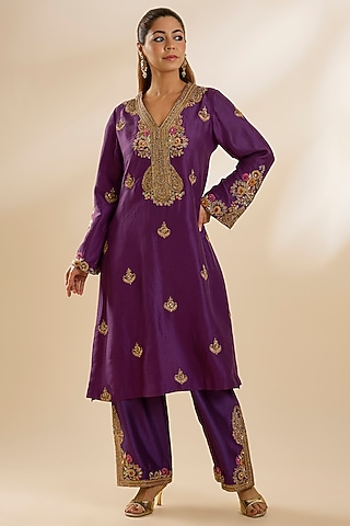 Purple Dupion Silk & Chanderi Embroidered Kurta Set by Petticoat Lane