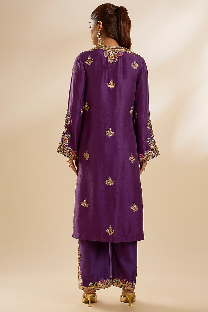 Purple Dupion Silk & Chanderi Embroidered Kurta Set by Petticoat Lane at Pernia's Pop Up Shop
