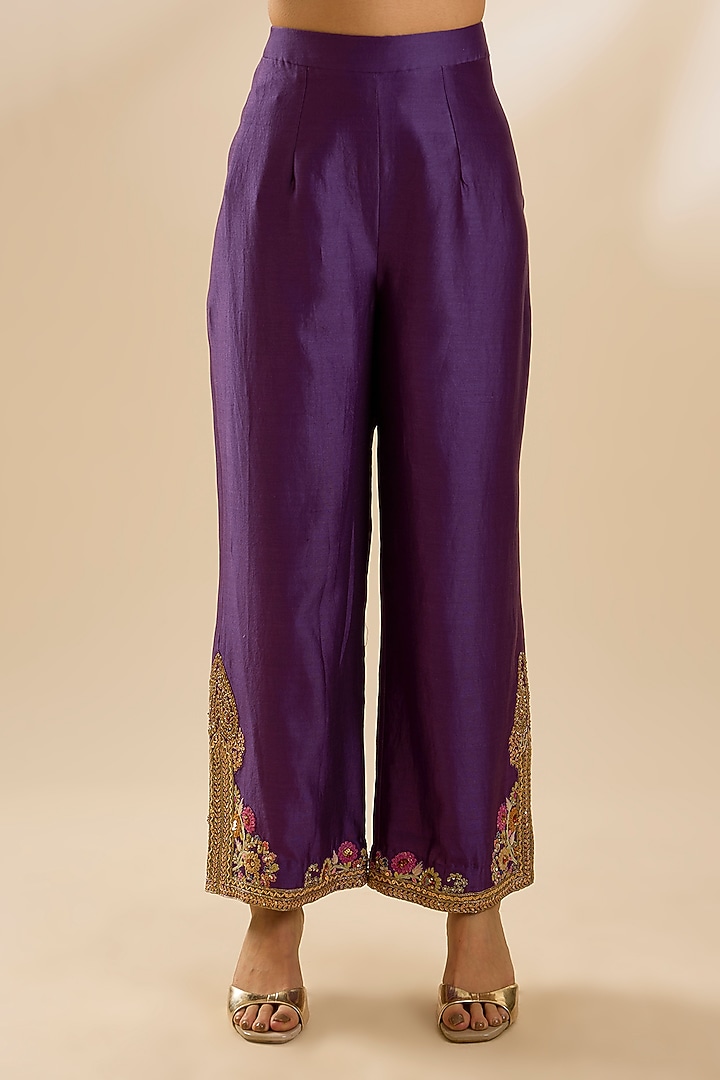 Purple Dupion Silk & Chanderi Embroidered Kurta Set by Petticoat Lane at Pernia's Pop Up Shop