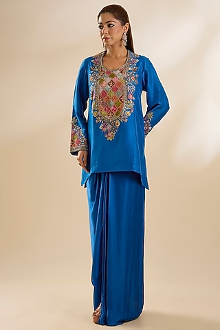Blue Dupion Silk Embroidered Kurta Set by Petticoat Lane